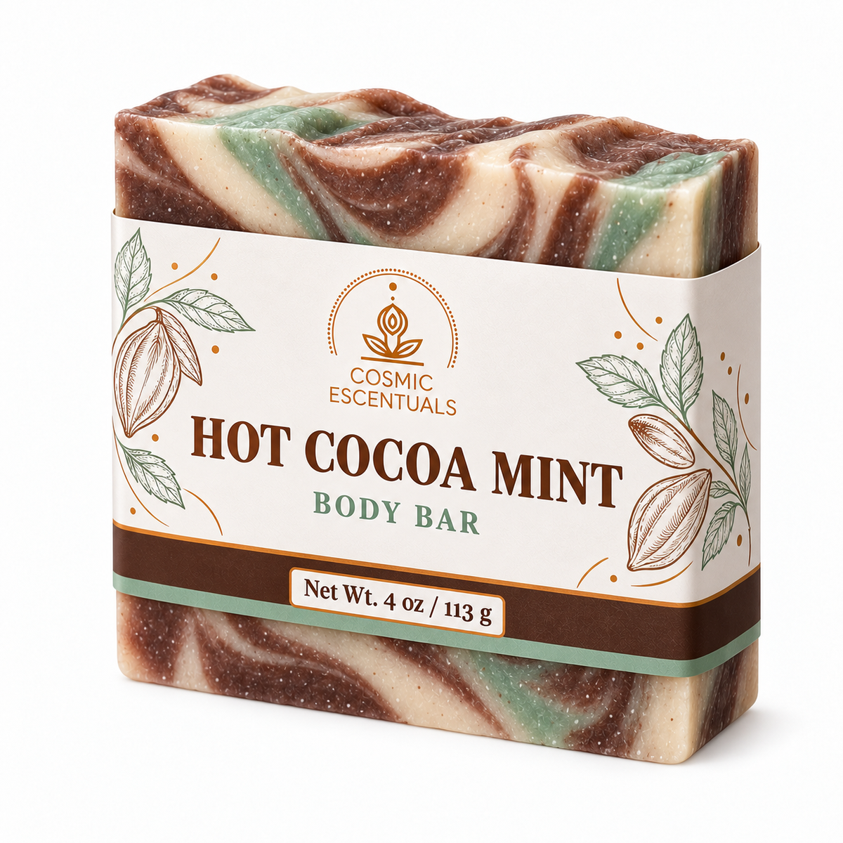 Hot Cocoa Mint Body Bar by Cosmic Escentuals on a warm white background