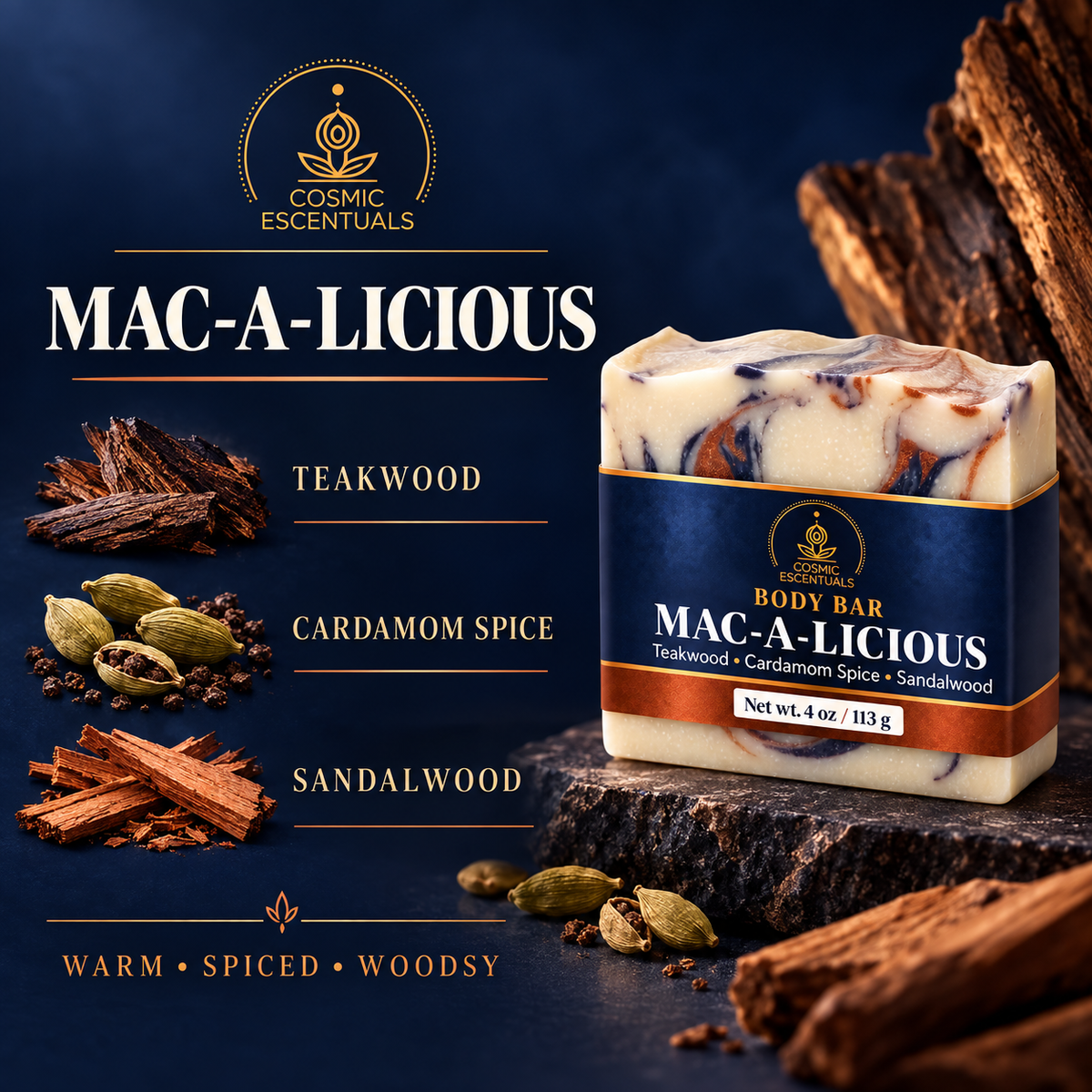 Mac-a-licious Body Bar teakwood cardamom spice sandalwood scent notes