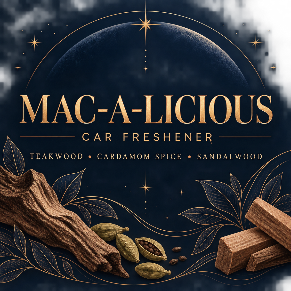 Mac-a-licious Car Freshener scent notes: teakwood, cardamom spice, sandalwood