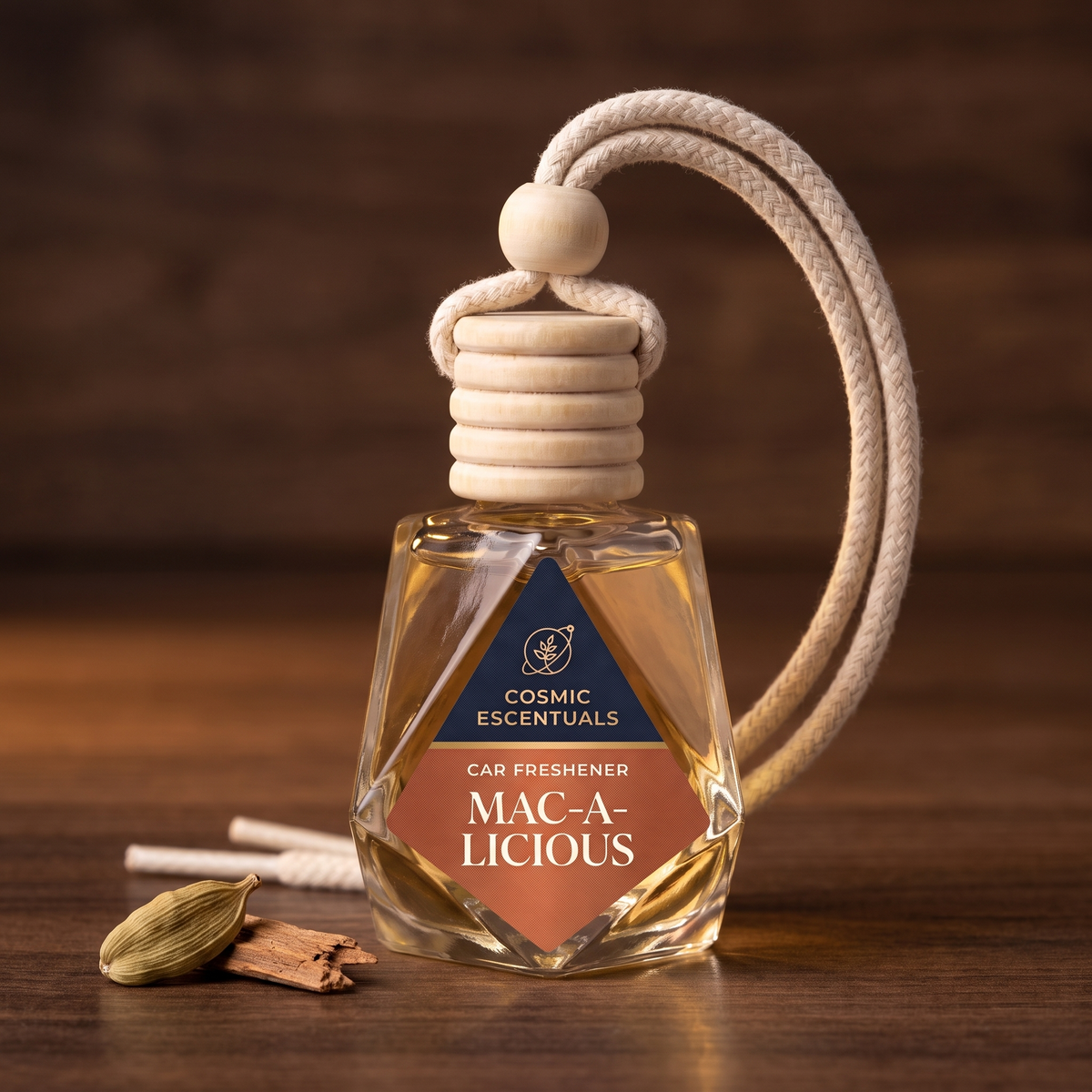 Mac-a-licious Car Freshener with teakwood and cardamom scent props