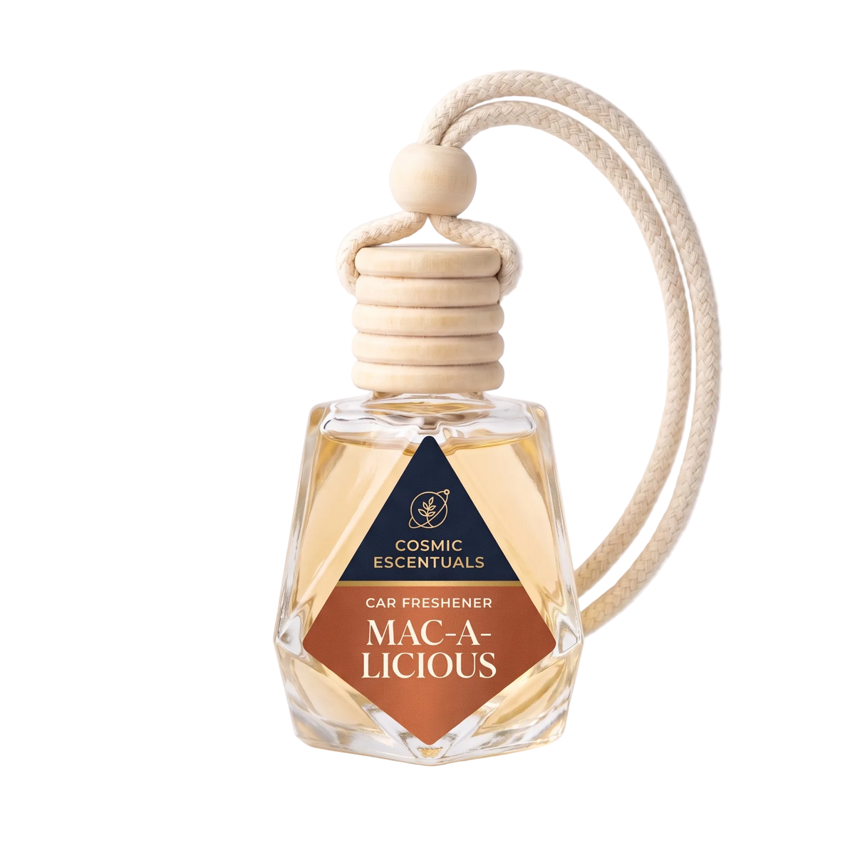 Mac-a-licious Car Freshener hanging glass diffuser on white background