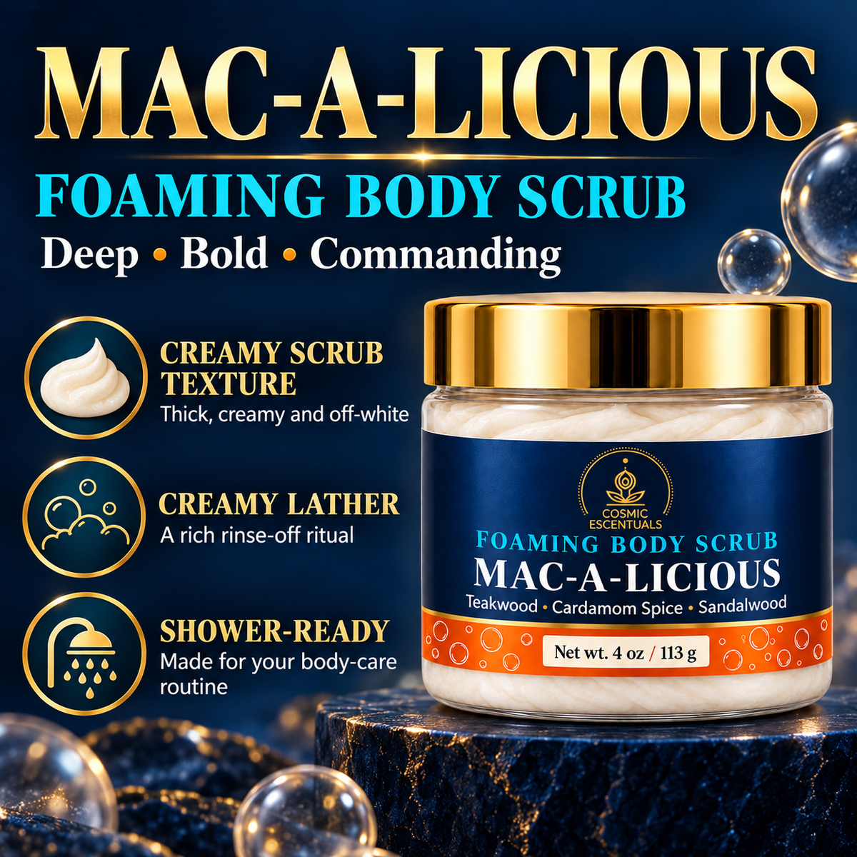 Mac-a-licious Foaming Body Scrub creamy texture, lather, and shower ritual highlights