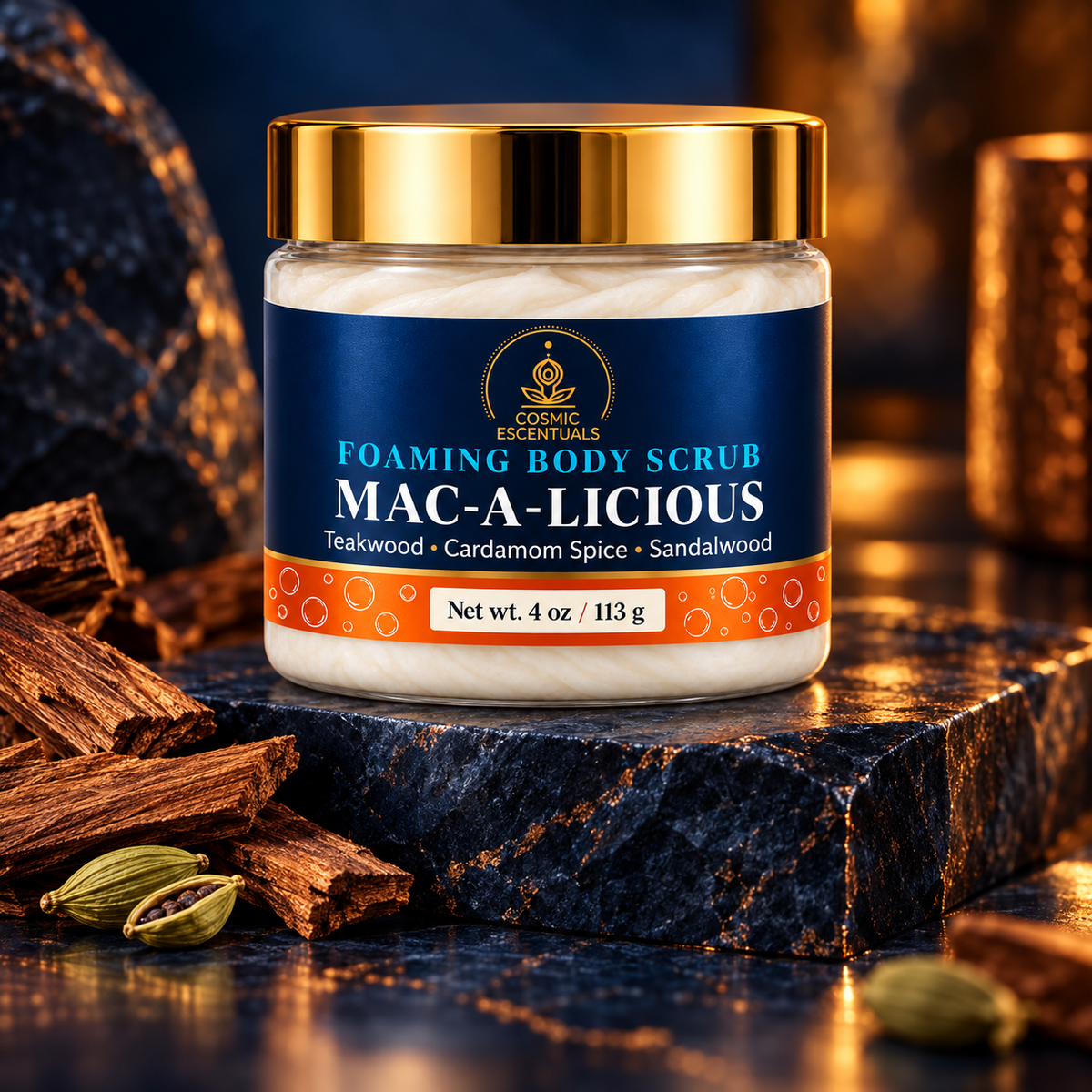 Mac-a-licious Foaming Body Scrub with teakwood and cardamom