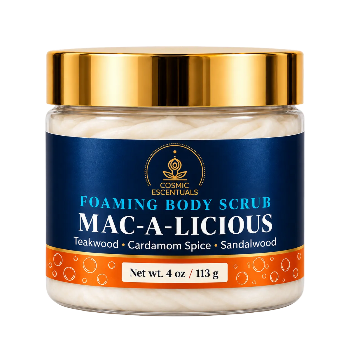 Mac-a-licious Foaming Body Scrub 4 oz jar on white