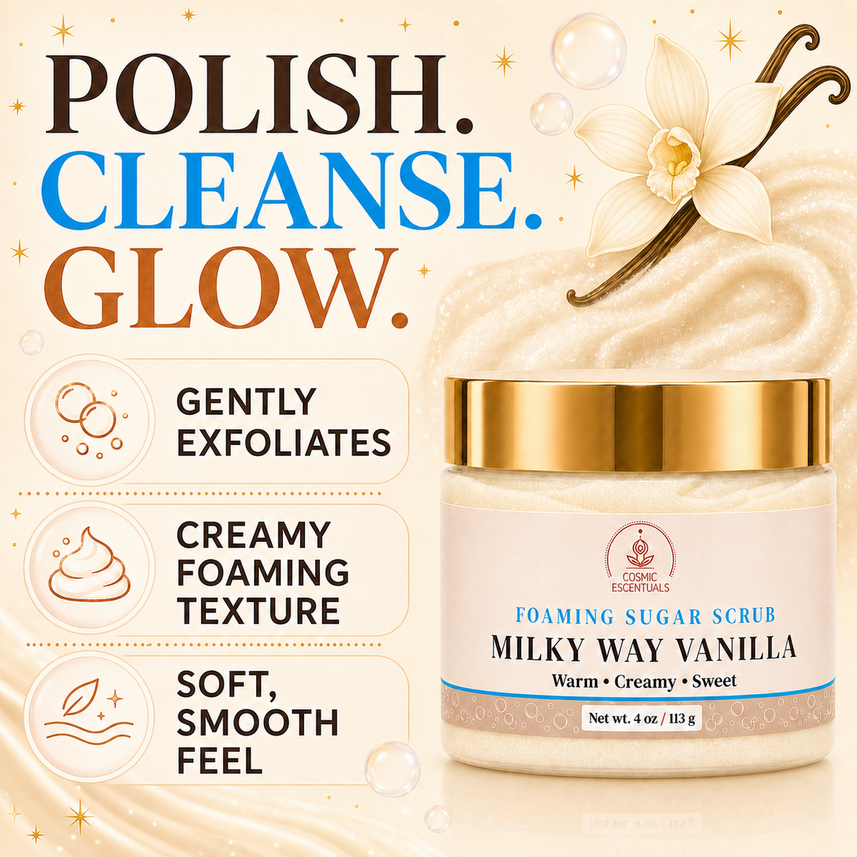Milky Way Vanilla Foaming Sugar Scrub benefits: gently exfoliates, creamy foaming texture, and a soft smooth feel.
