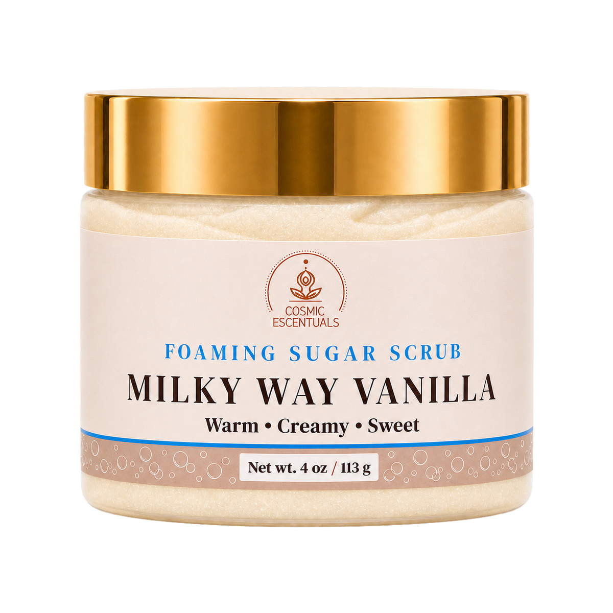 Milky Way Vanilla Foaming Sugar Scrub by Cosmic Escentuals in a clear jar with a metallic gold lid.