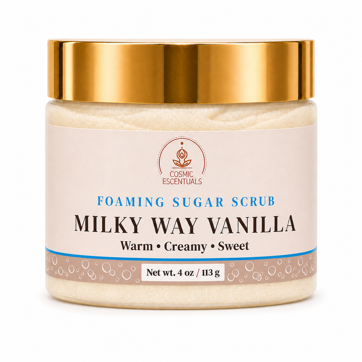 Milky Way Vanilla Foaming Sugar Scrub by Cosmic Escentuals on a clean white background.