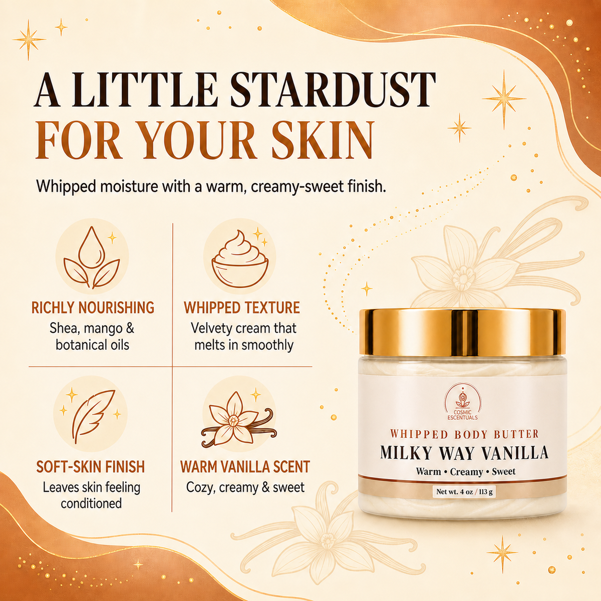 Milky Way Vanilla Whipped Body Butter benefits: richly nourishing, whipped texture, soft-skin finish, and warm vanilla scent.