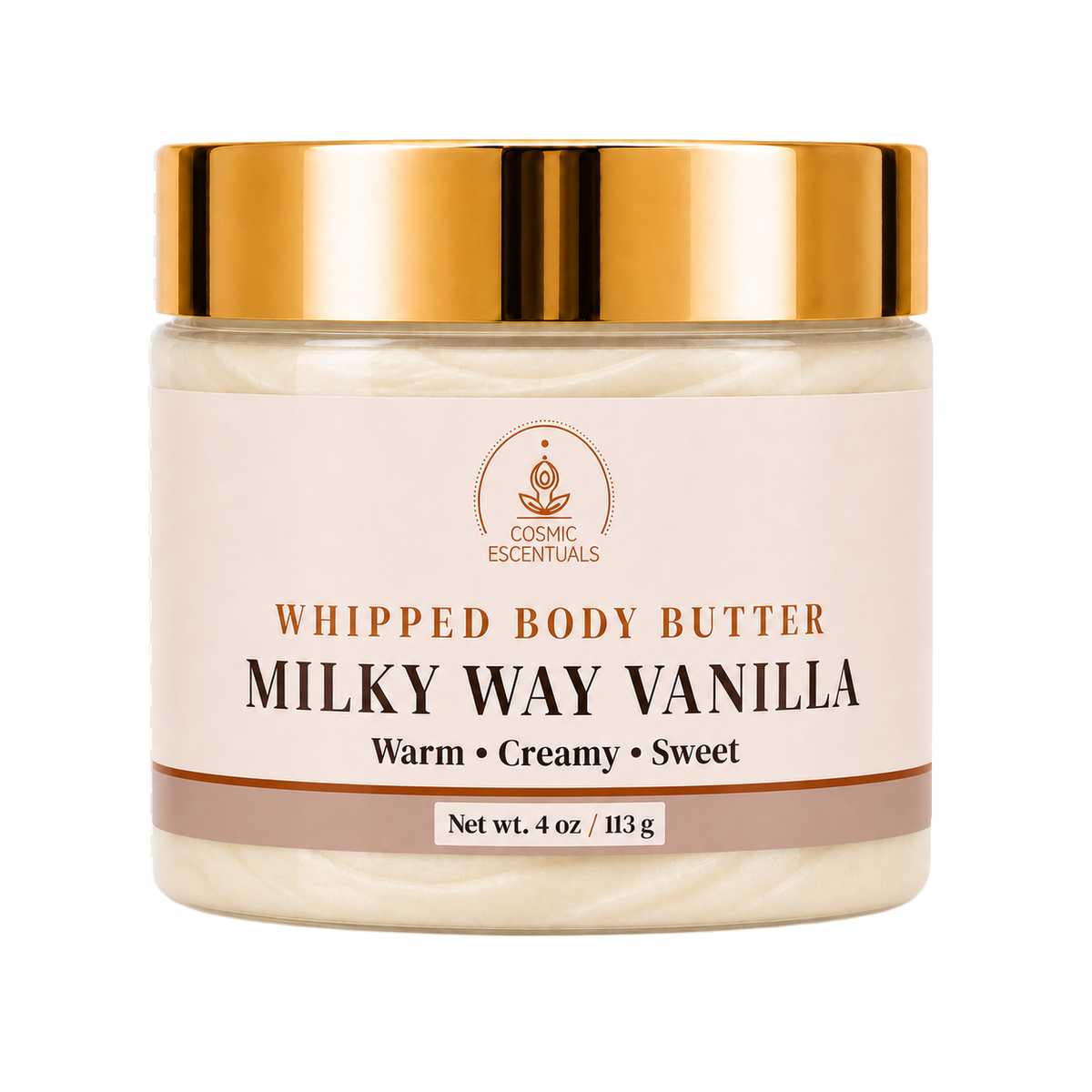 Milky Way Vanilla Whipped Body Butter by Cosmic Escentuals in a clear jar with a metallic gold lid.