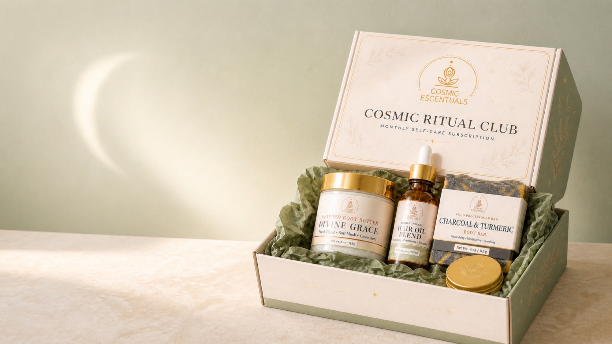 An open gift box from Cosmic Essentials containing several wellness products, including a jar labeled Divine Grace, a dropper bottle labeled Sacred Intent, and a box labeled Charcoal & Turmeric, arranged in green crinkle paper on a light surface against a soft sage background.