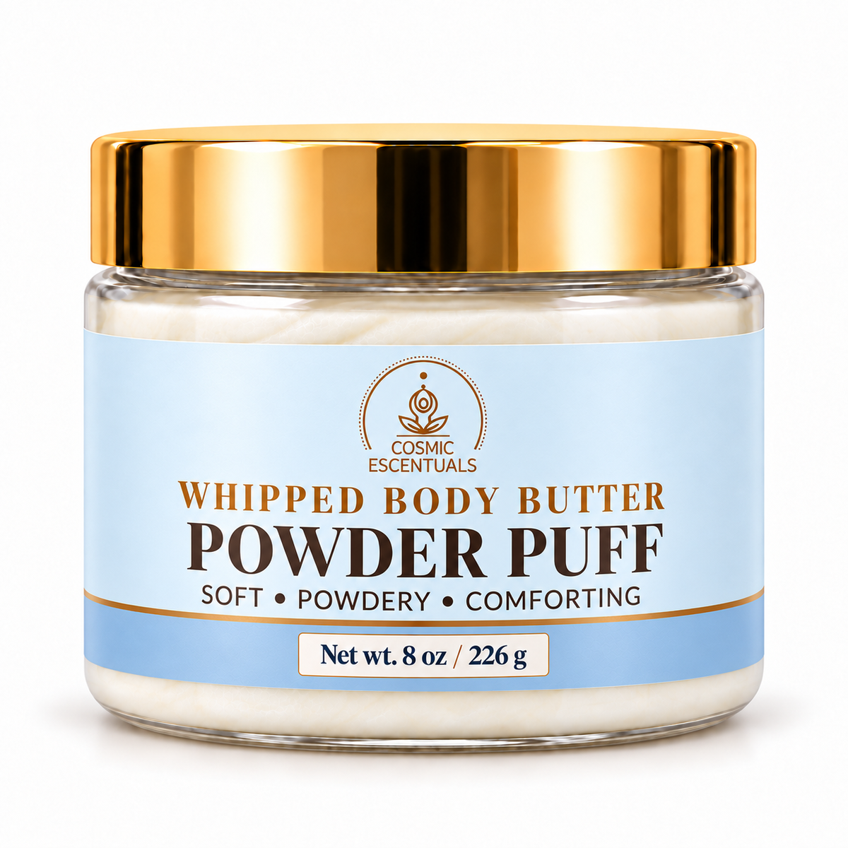 Powder Puff whipped body butter, 8 oz jar on white background
