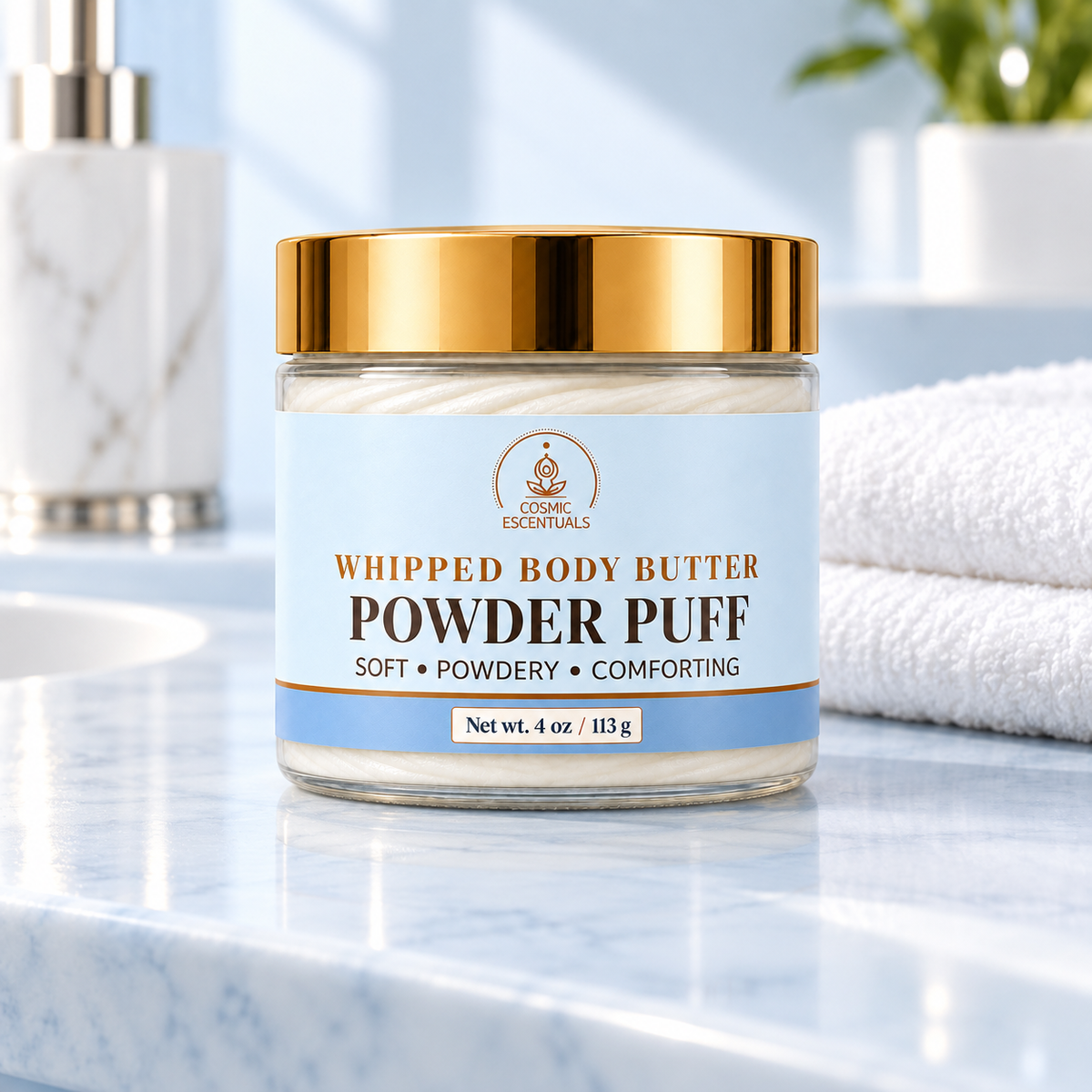 Powder Puff whipped body butter, 4 oz jar on powder blue bathroom vanity