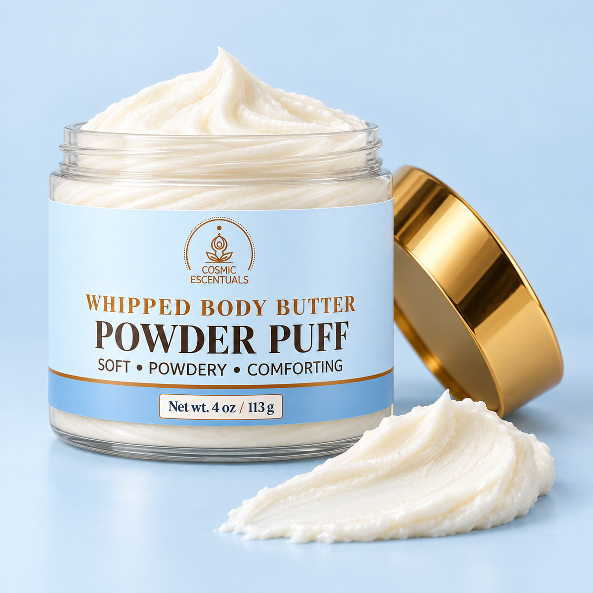 Powder Puff whipped body butter, open 4 oz jar showing airy whipped texture
