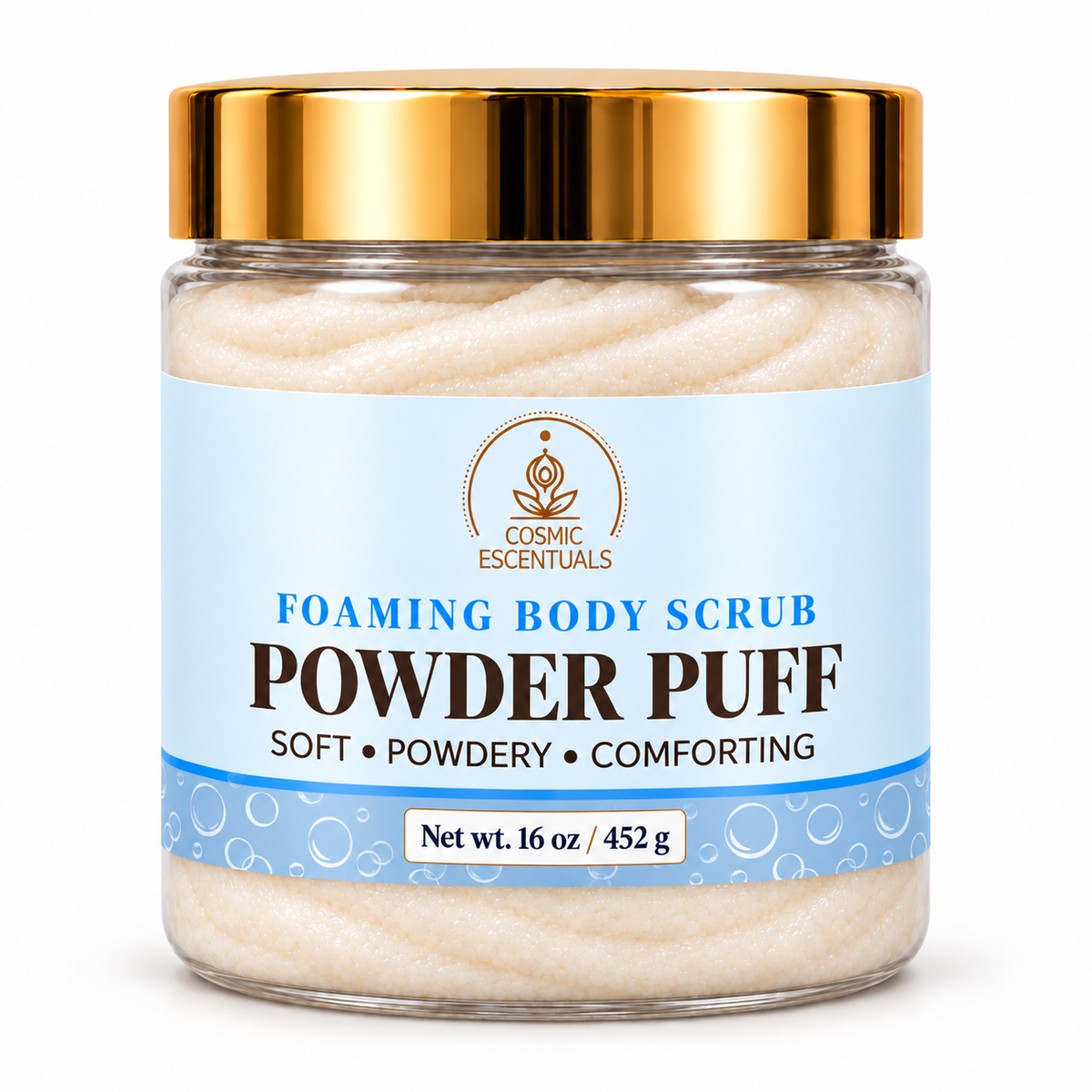 Powder Puff foaming body scrub, 16 oz jar on white background