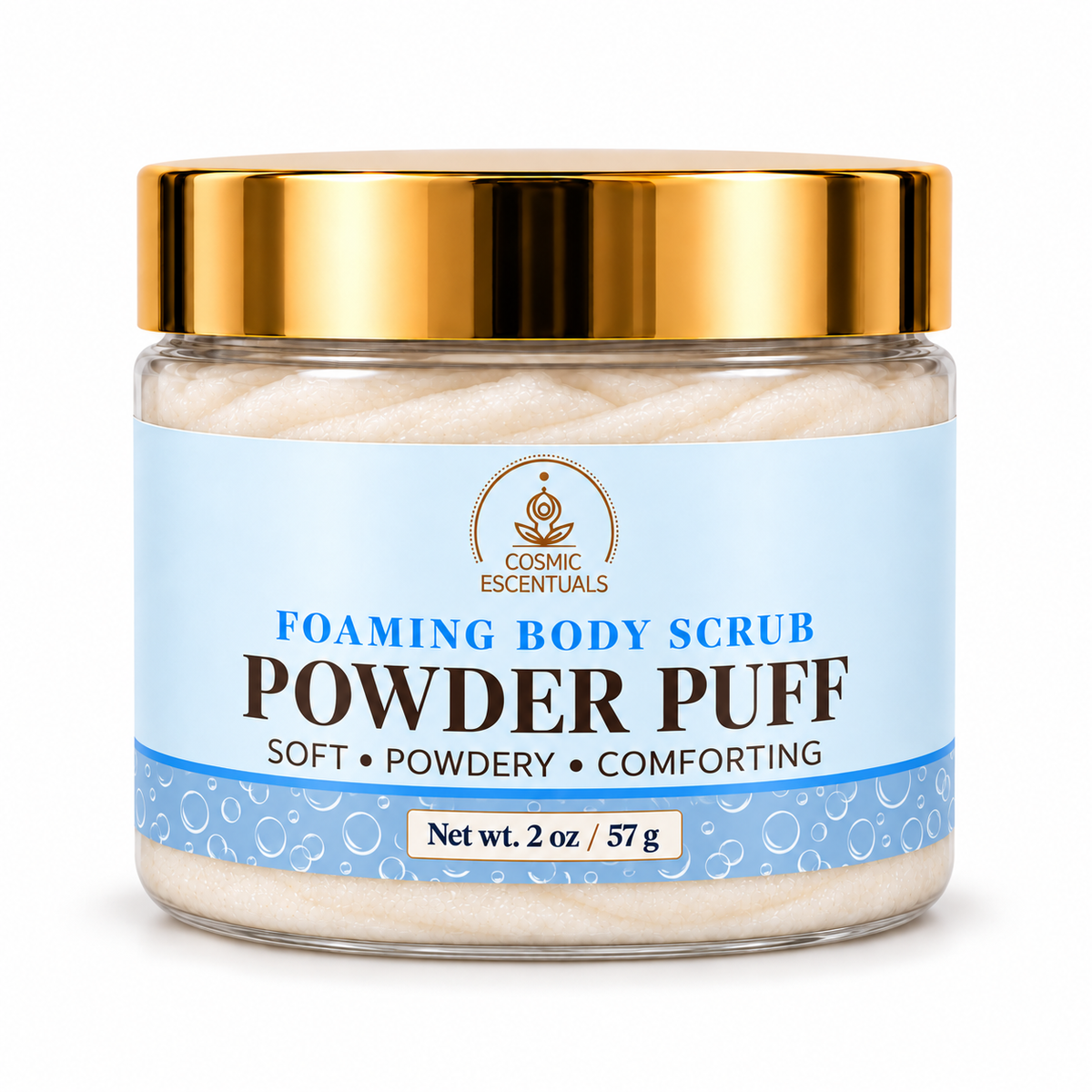 Powder Puff foaming body scrub, 2 oz jar on white background