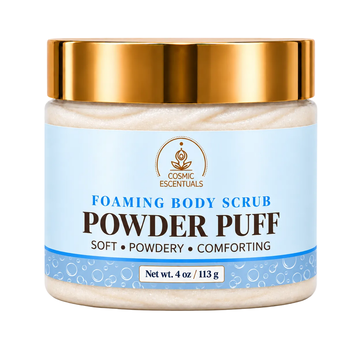 Powder Puff foaming body scrub, 4 oz jar on white background