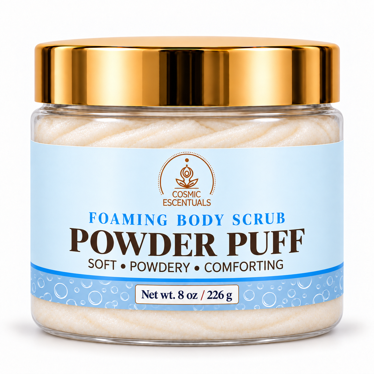 Powder Puff foaming body scrub, 8 oz jar on white background