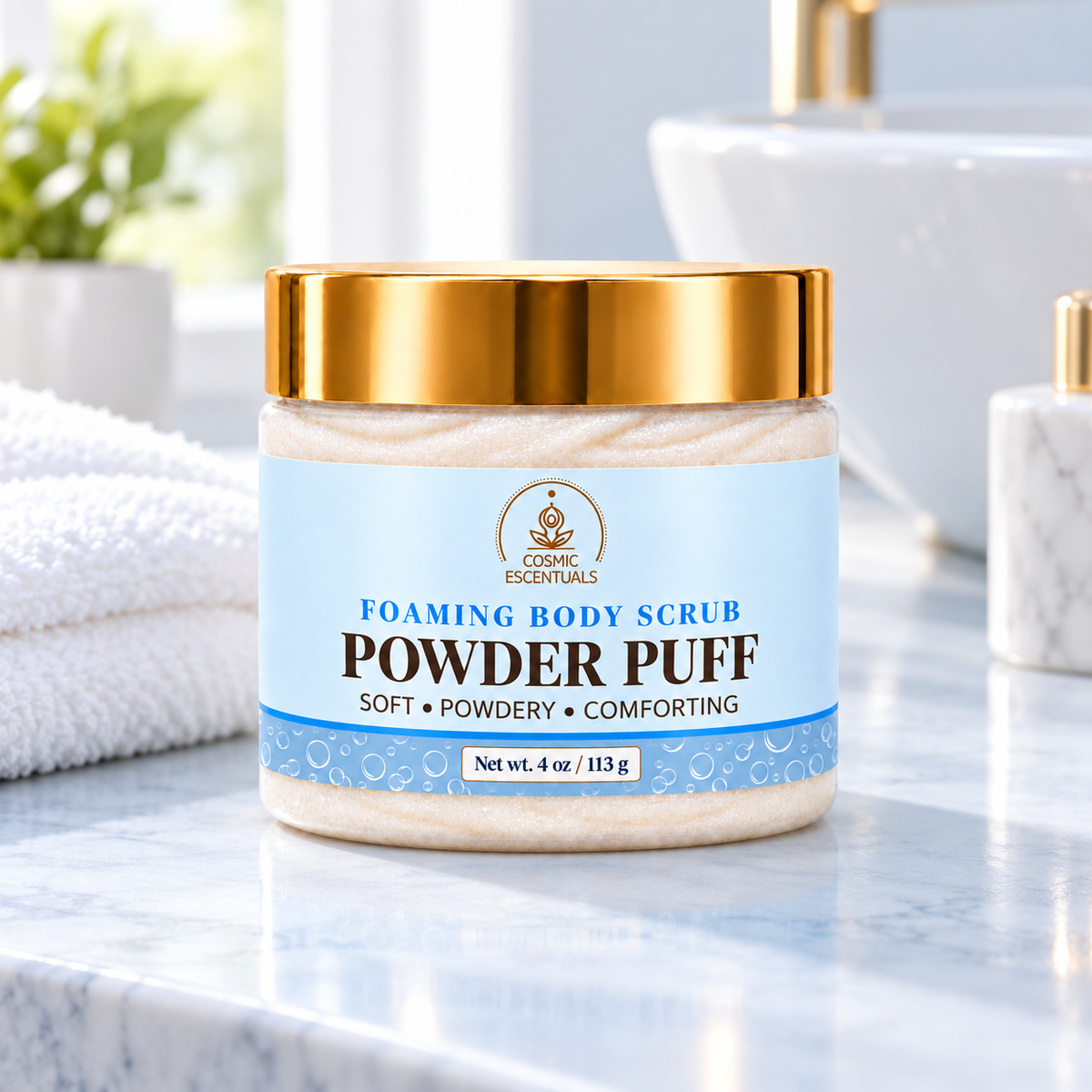Powder Puff foaming body scrub, 4 oz jar on powder blue bathroom vanity