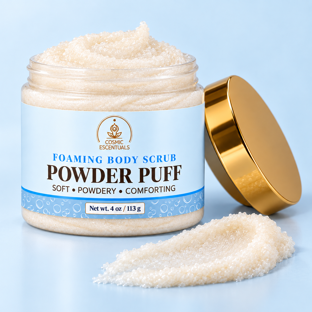 Powder Puff foaming body scrub, open 4 oz jar showing fine sugar texture