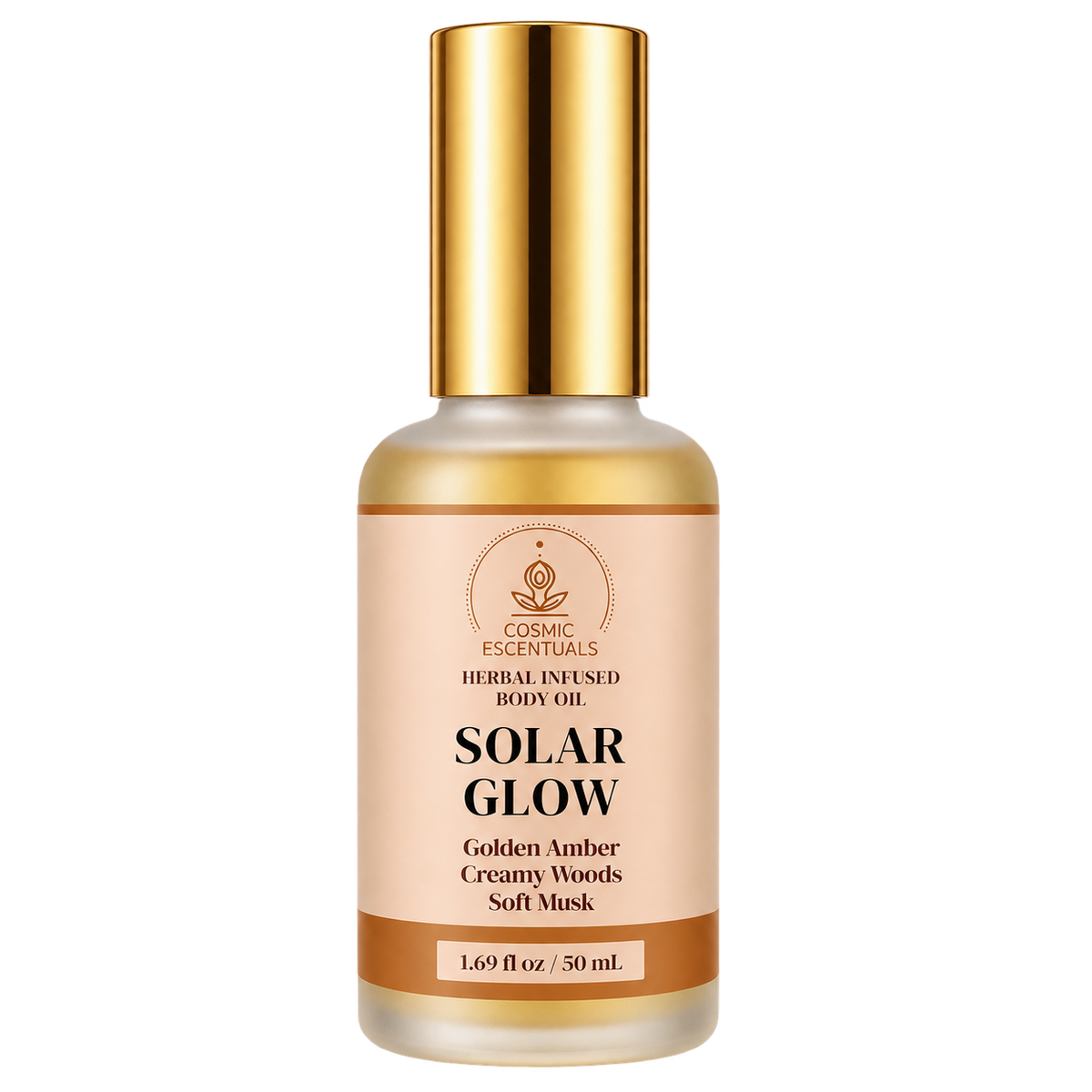 Solar Glow Herbal Infused Body Oil, 1.69 fl oz / 50 mL, in a frosted glass spray bottle with gold cap.