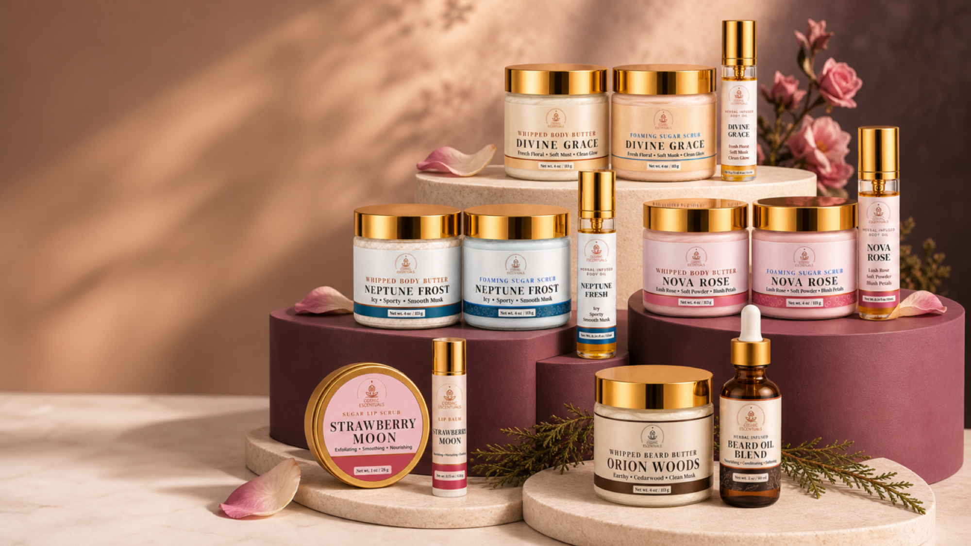 Curated Cosmic Escentuals body care bundles arranged on blush and plum pedestals