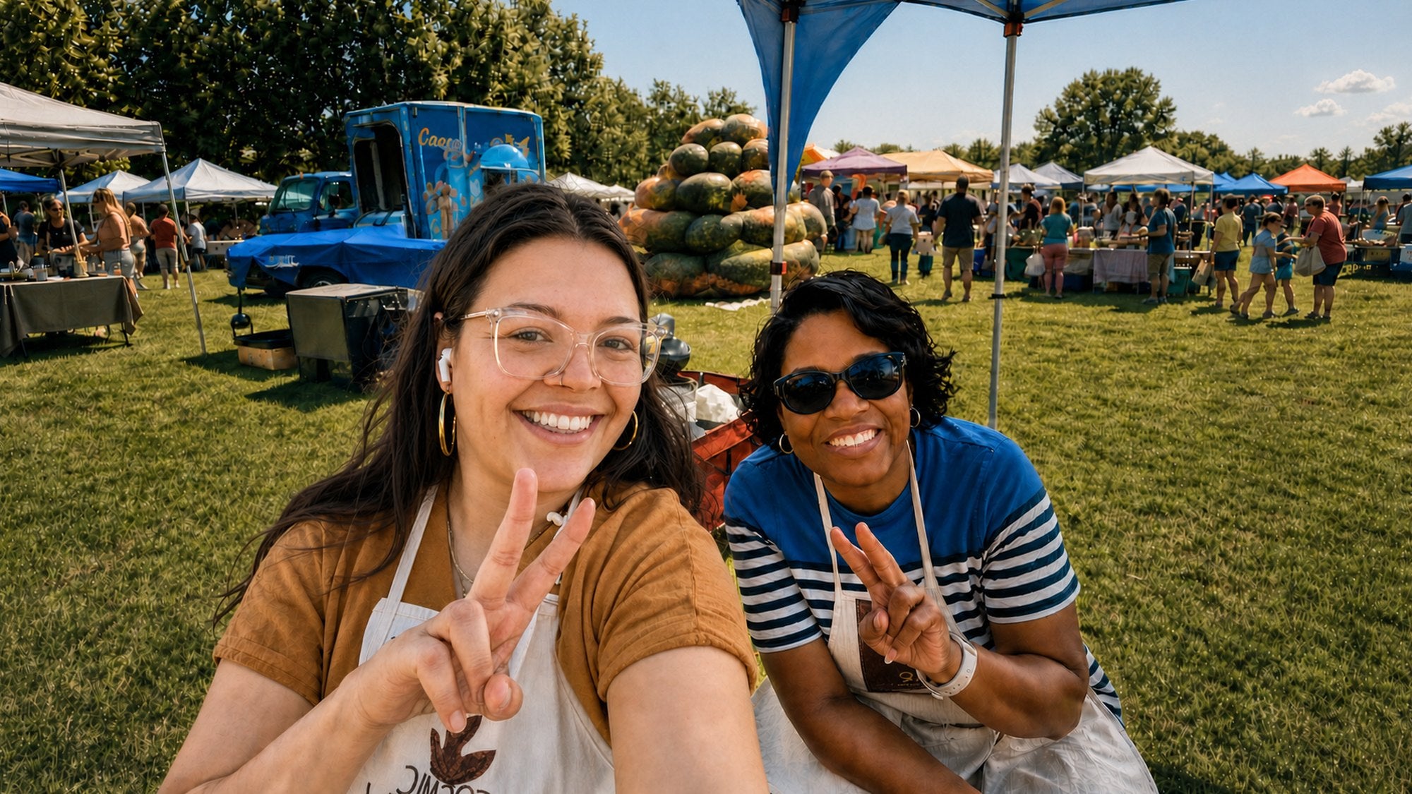 Toya and Veronica smiling at an outdoor market